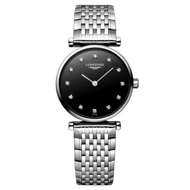 Montre Longines La Grande Classique quartz cadran noir index diamants bracelet acier 24 mm