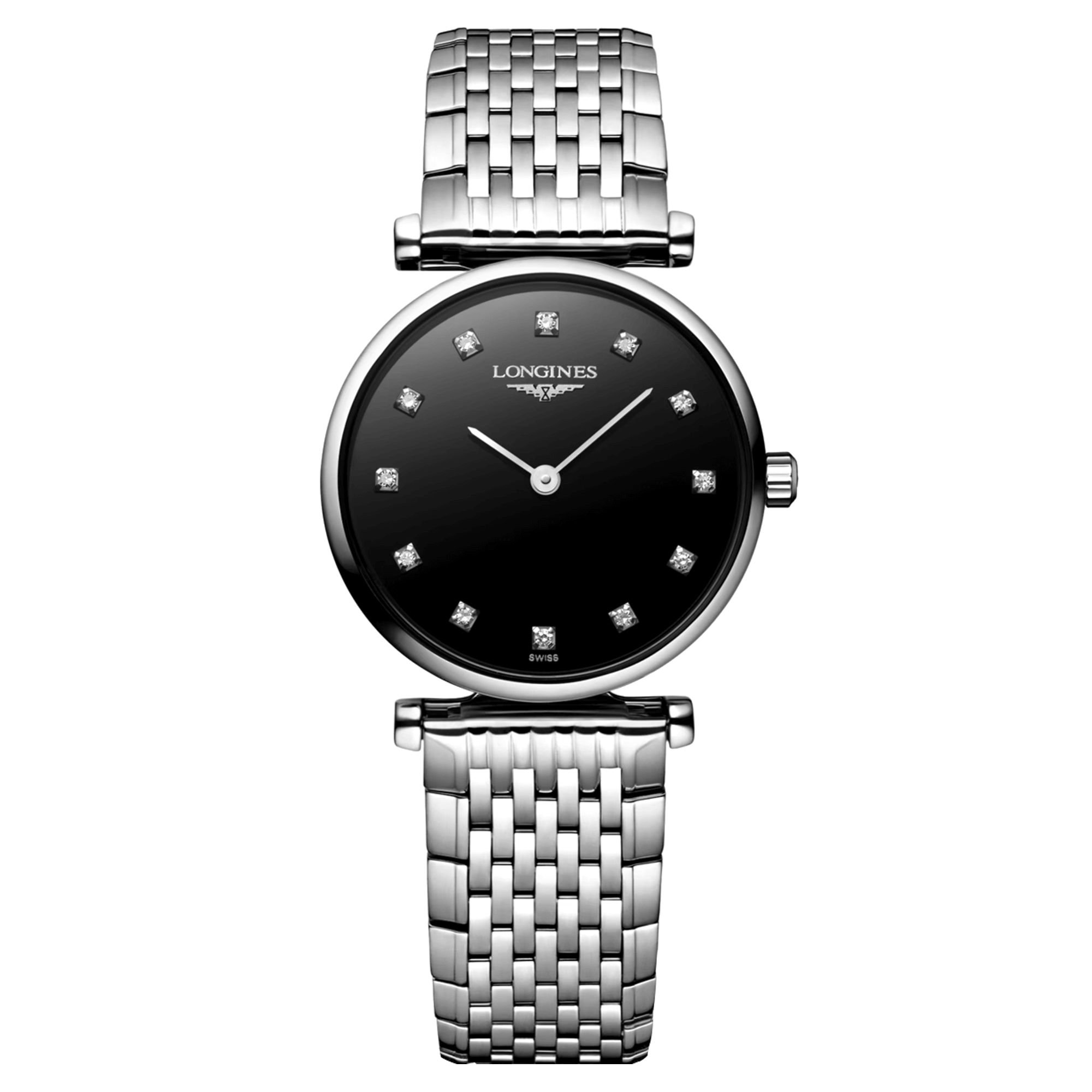 Montre Longines La Grande Classique quartz cadran noir index diamants bracelet acier 24 mm