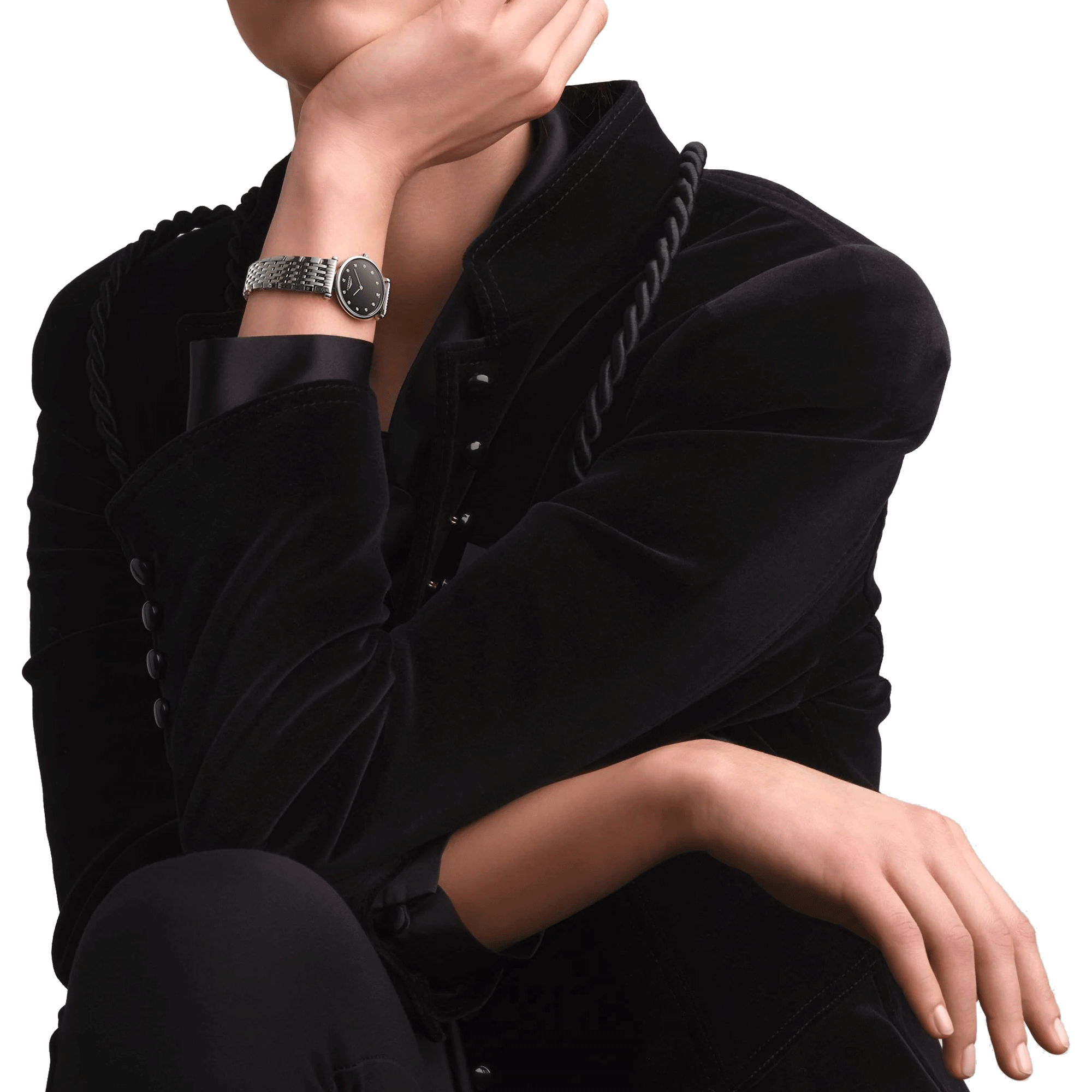 Montre Longines La Grande Classique quartz cadran noir index diamants bracelet acier 24 mm