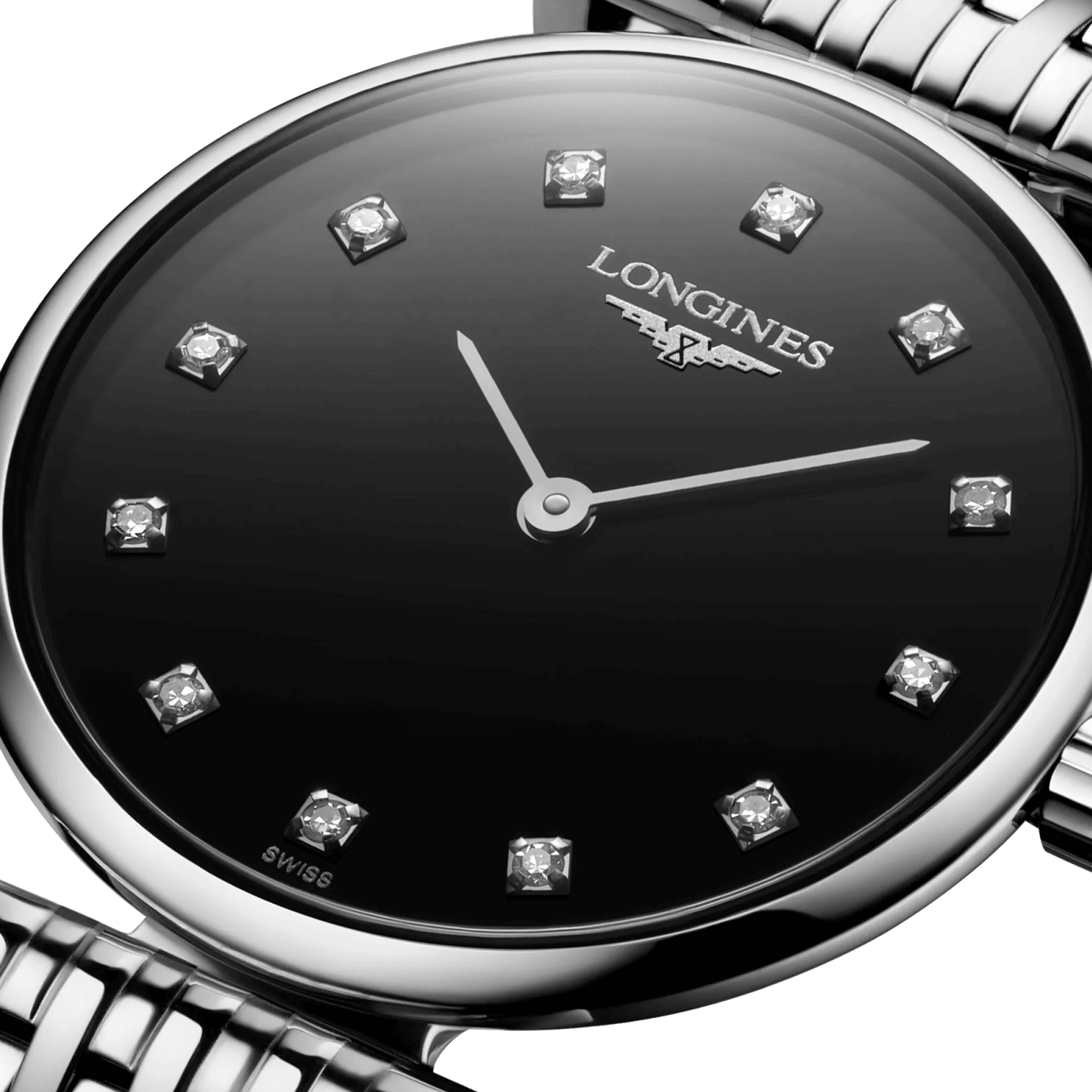 Montre Longines La Grande Classique quartz cadran noir index diamants bracelet acier 24 mm