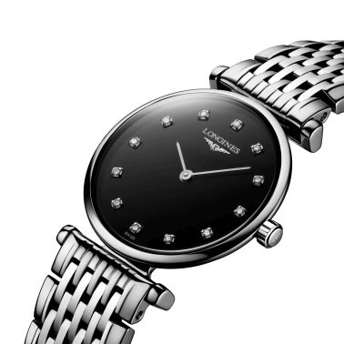 Montre Longines La Grande Classique quartz cadran noir index diamants bracelet acier 24 mm