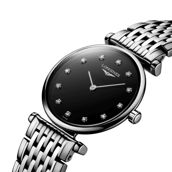 Montre Longines La Grande Classique quartz cadran noir index diamants bracelet acier 24 mm