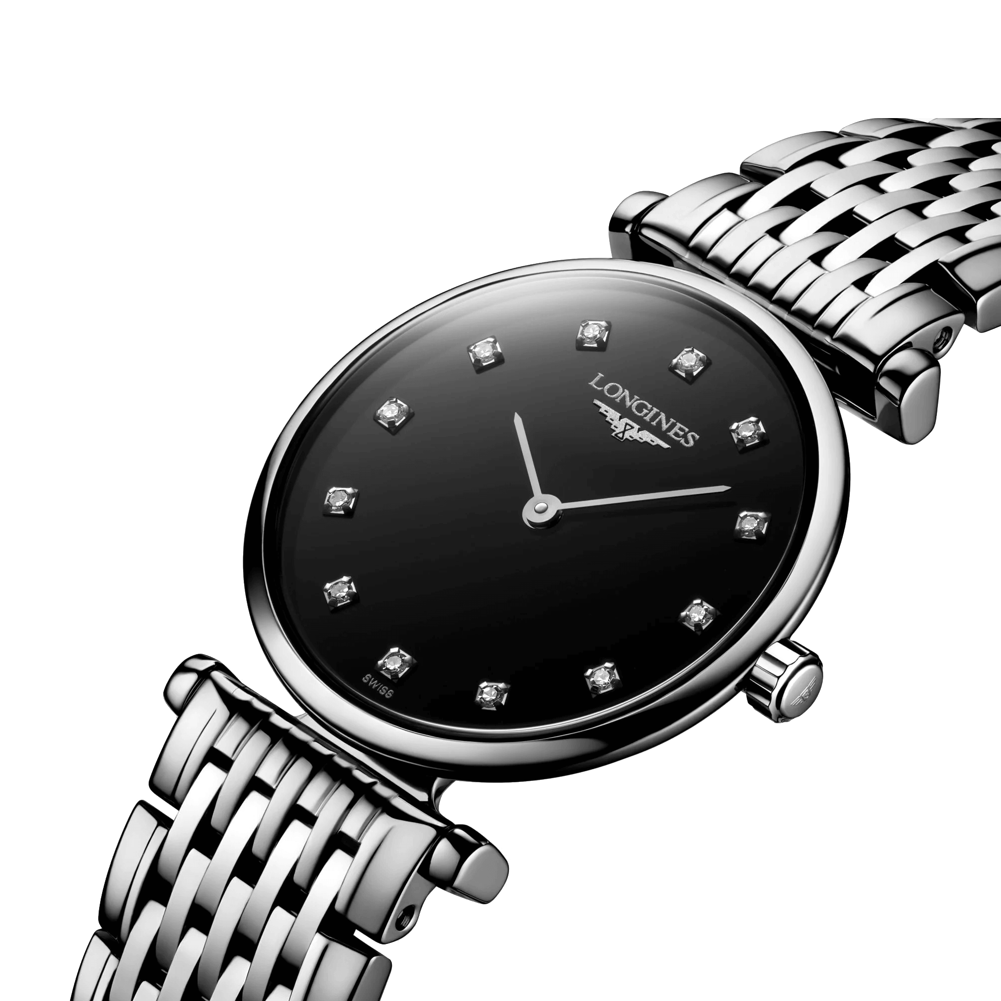 Montre Longines La Grande Classique quartz cadran noir index diamants bracelet acier 24 mm