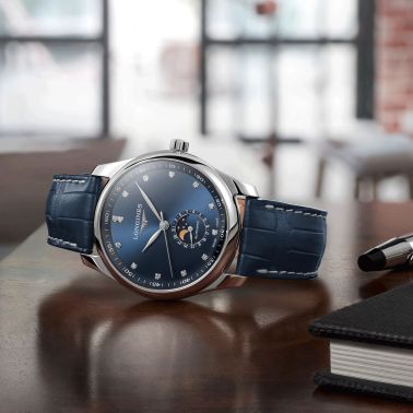 Longines Master Collection automatic watch diamond index blue dial blue leather strap 40 mm