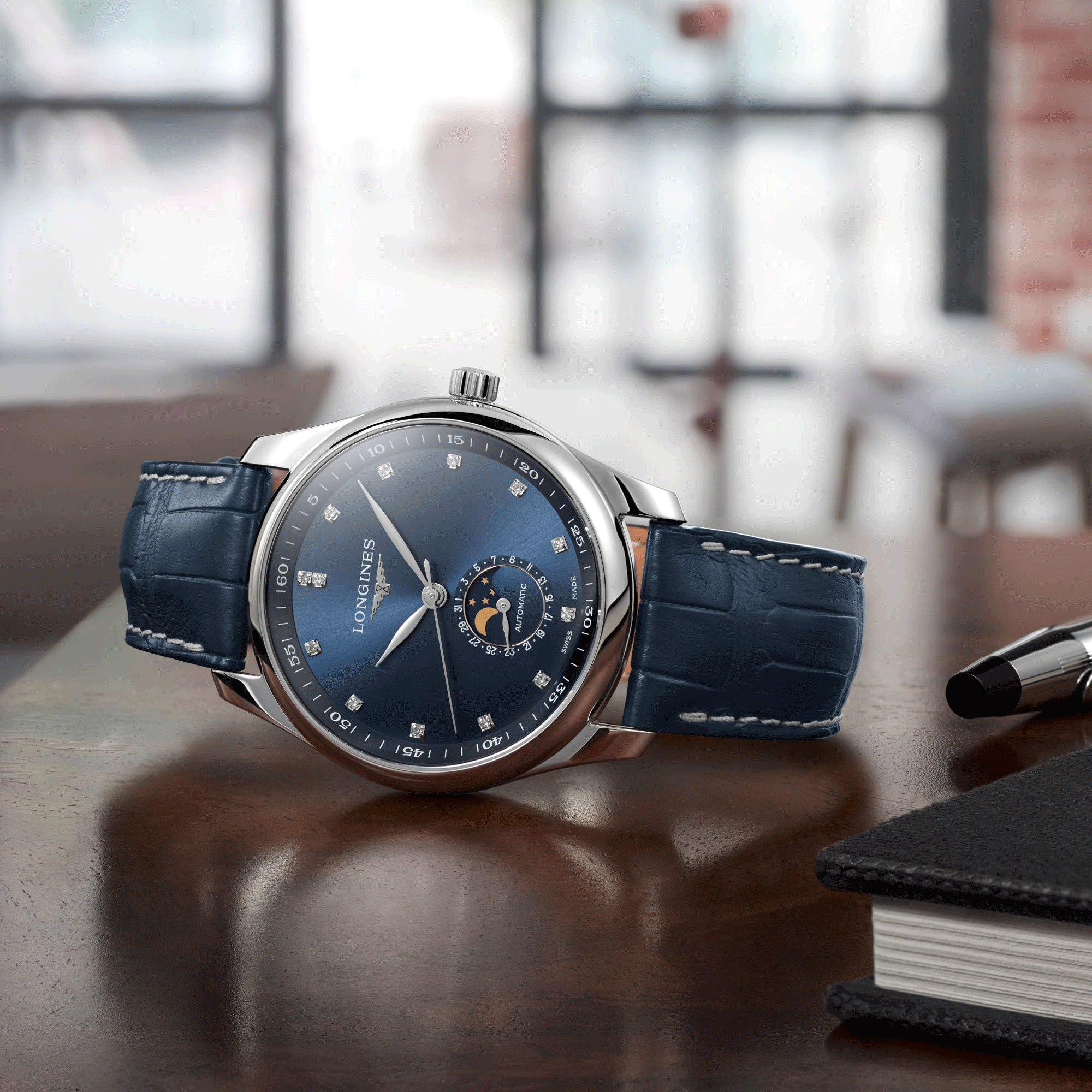 Longines Master Collection automatic watch diamond index blue dial blue leather strap 40 mm