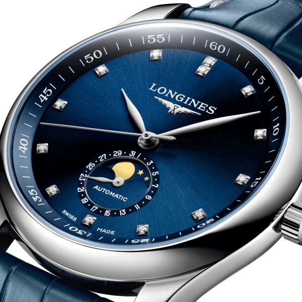Longines Master Collection automatic watch diamond index blue dial blue leather strap 40 mm