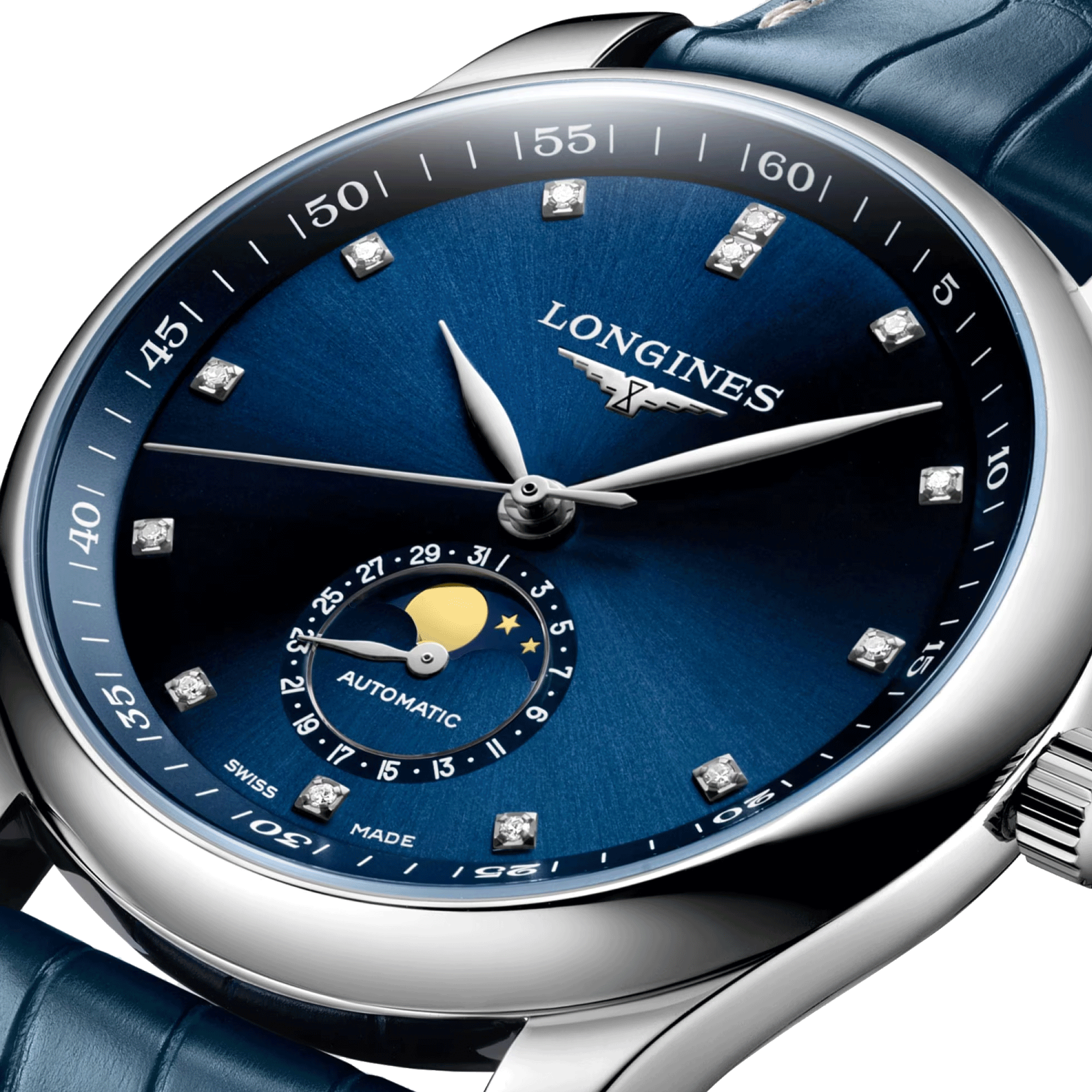 Longines Master Collection automatic watch diamond index blue dial blue leather strap 40 mm