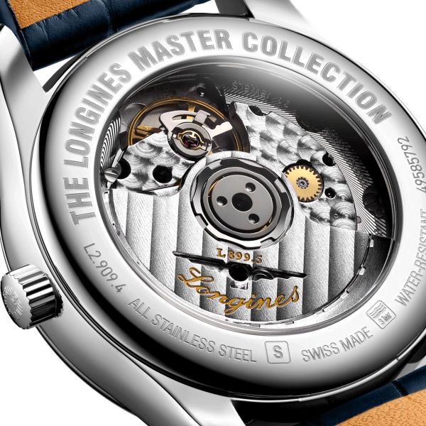 Longines Master Collection automatic watch diamond index blue dial blue leather strap 40 mm