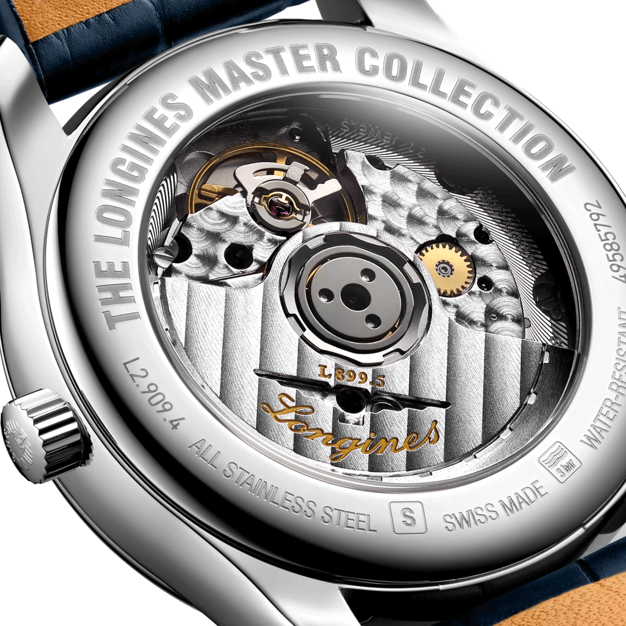 Longines Master Collection automatic watch diamond index blue dial blue leather strap 40 mm