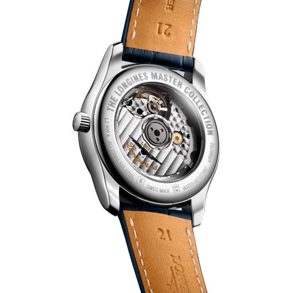 Longines Master Collection automatic watch diamond index blue dial blue leather strap 40 mm