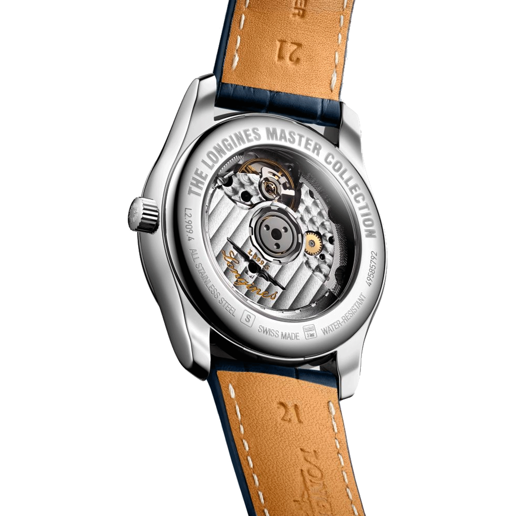 Longines Master Collection automatic watch diamond index blue dial blue leather strap 40 mm