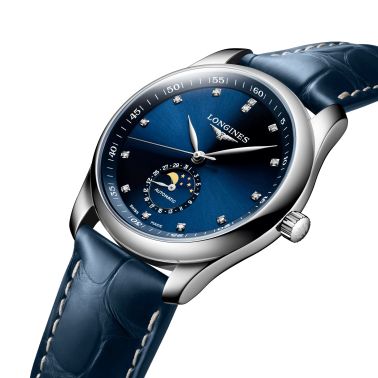 Longines Master Collection automatic watch diamond index blue dial blue leather strap 40 mm