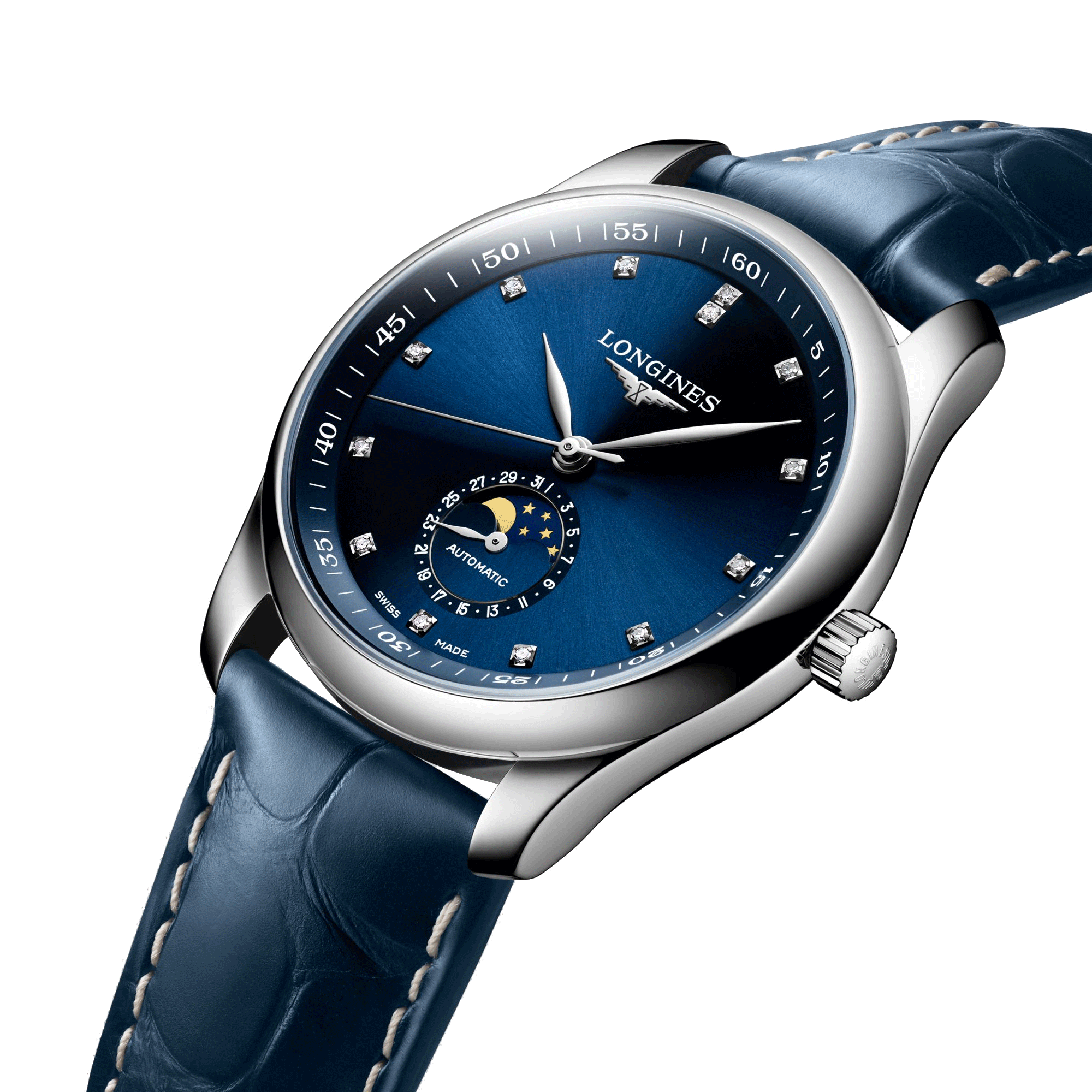 Longines Master Collection automatic watch diamond index blue dial blue leather strap 40 mm
