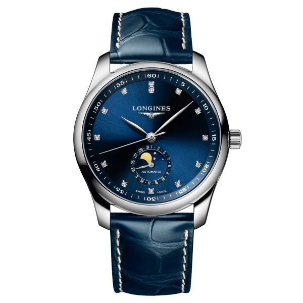 Longines Master Collection automatic watch diamond index blue dial blue leather strap 40 mm