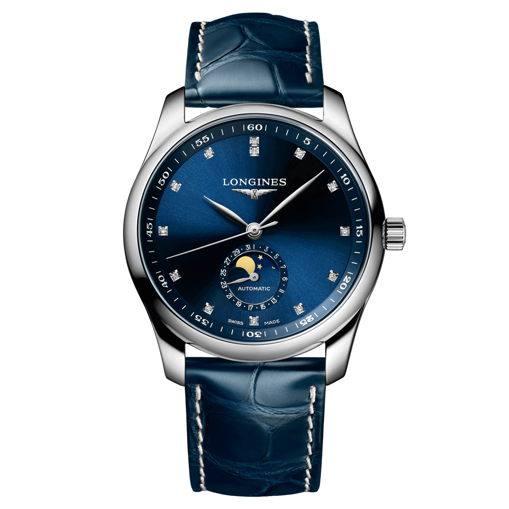 Longines Master Collection automatic watch diamond index blue dial blue leather strap 40 mm