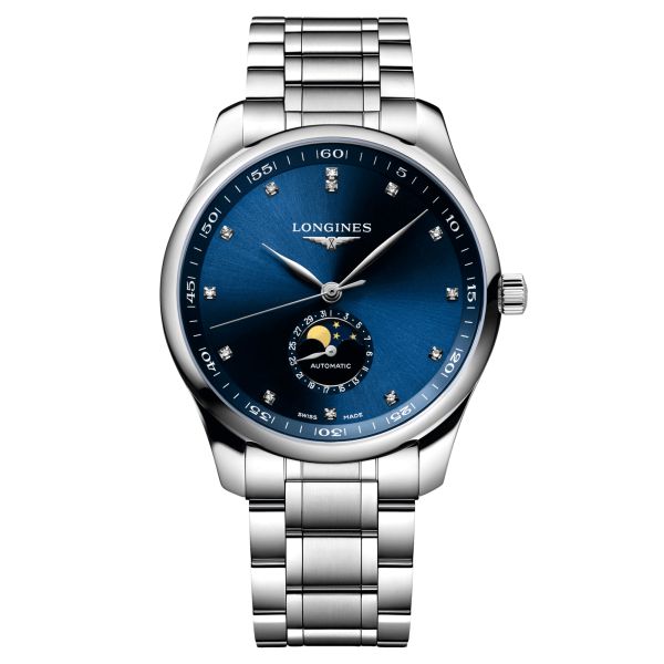 Longines Master Collection automatic watch with diamond markers blue dial steel bracelet 42 mm