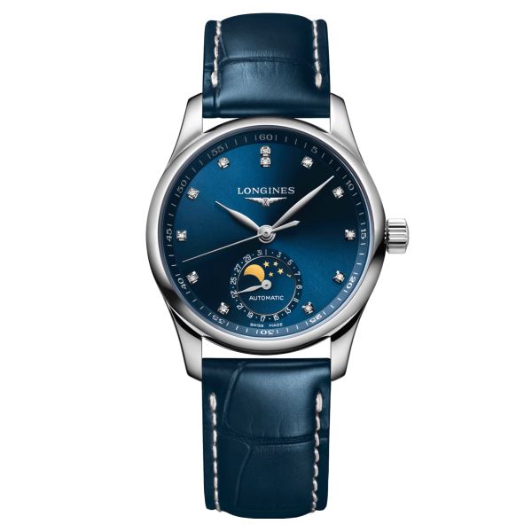 Longines Master Collection automatic watch blue dial blue croco leather strap 34 mm