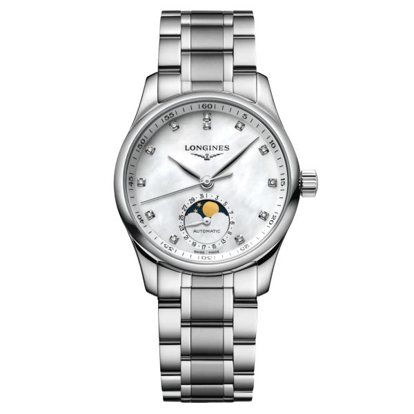 Longines Master Collection automatic watch white mother-of-pearl dial steel bracelet 34 mm