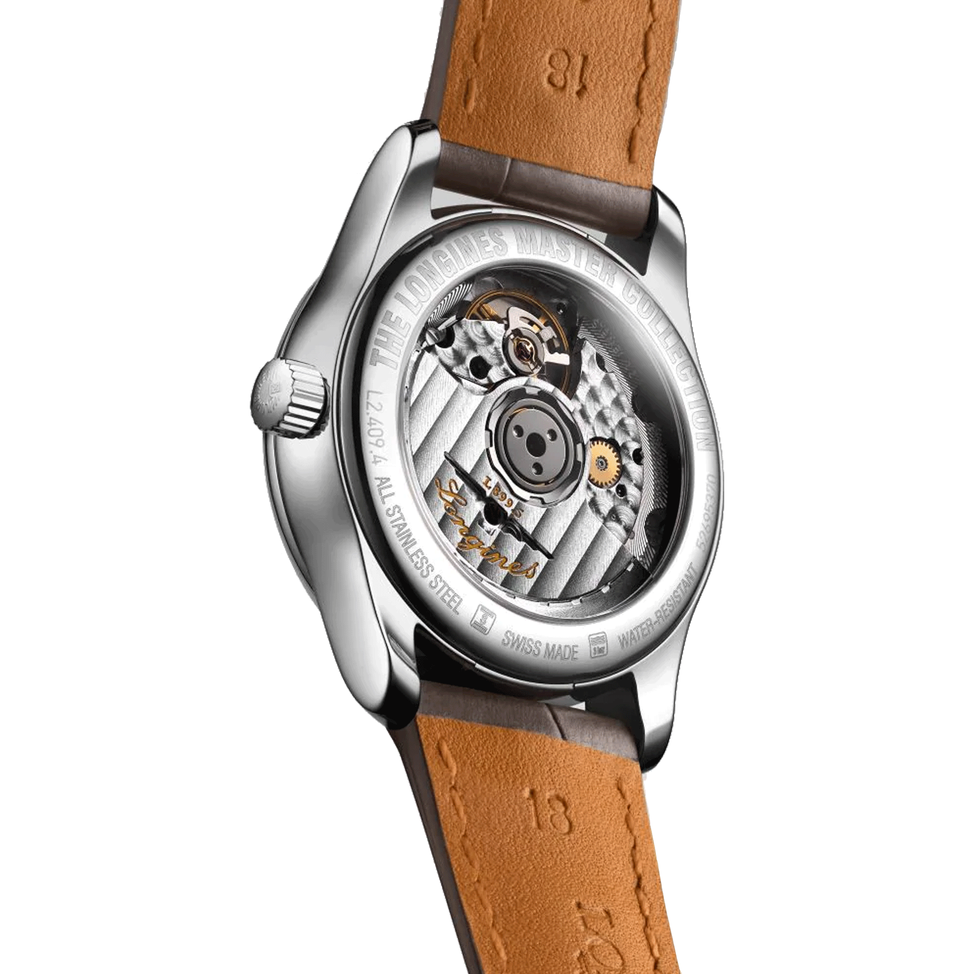 Longines Master Collection automatic watch white mother-of-pearl dial beige croco leather strap 34 mm