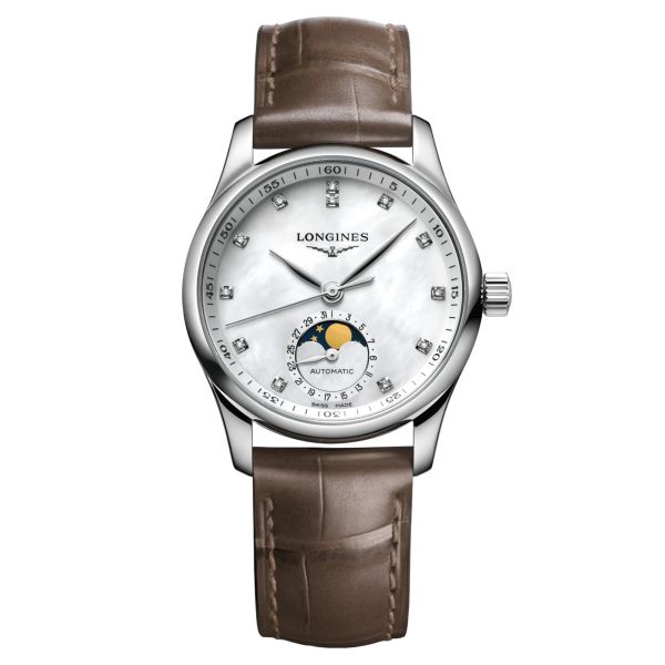 Longines Master Collection automatic watch white mother-of-pearl dial beige croco leather strap 34 mm