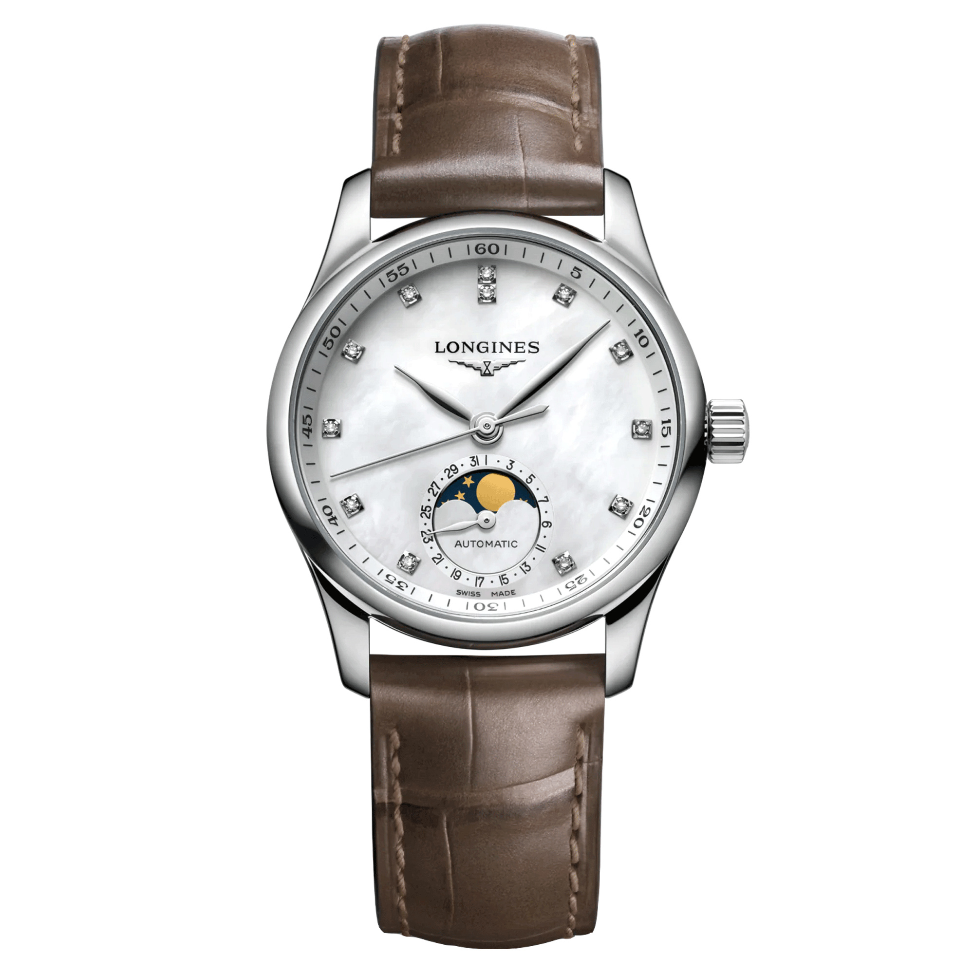 Longines Master Collection automatic watch white mother-of-pearl dial beige croco leather strap 34 mm
