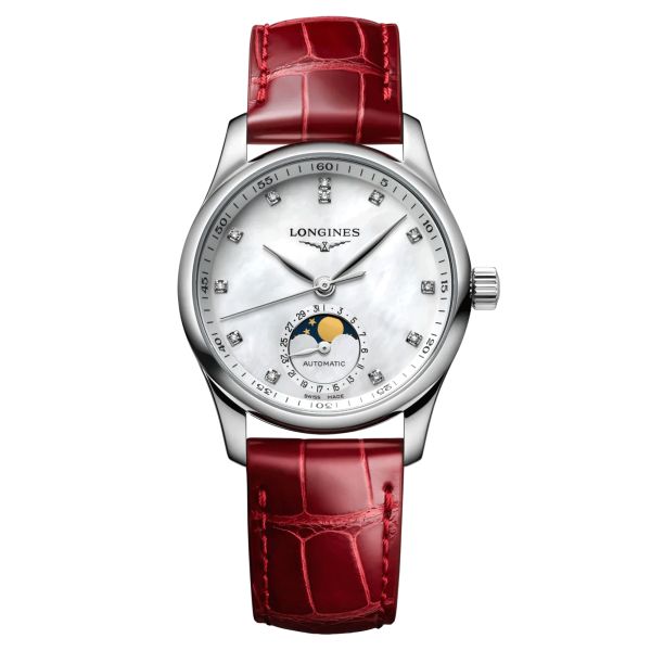 Longines Master Collection automatic watch white mother-of-pearl dial red crocodile leather strap 34 mm