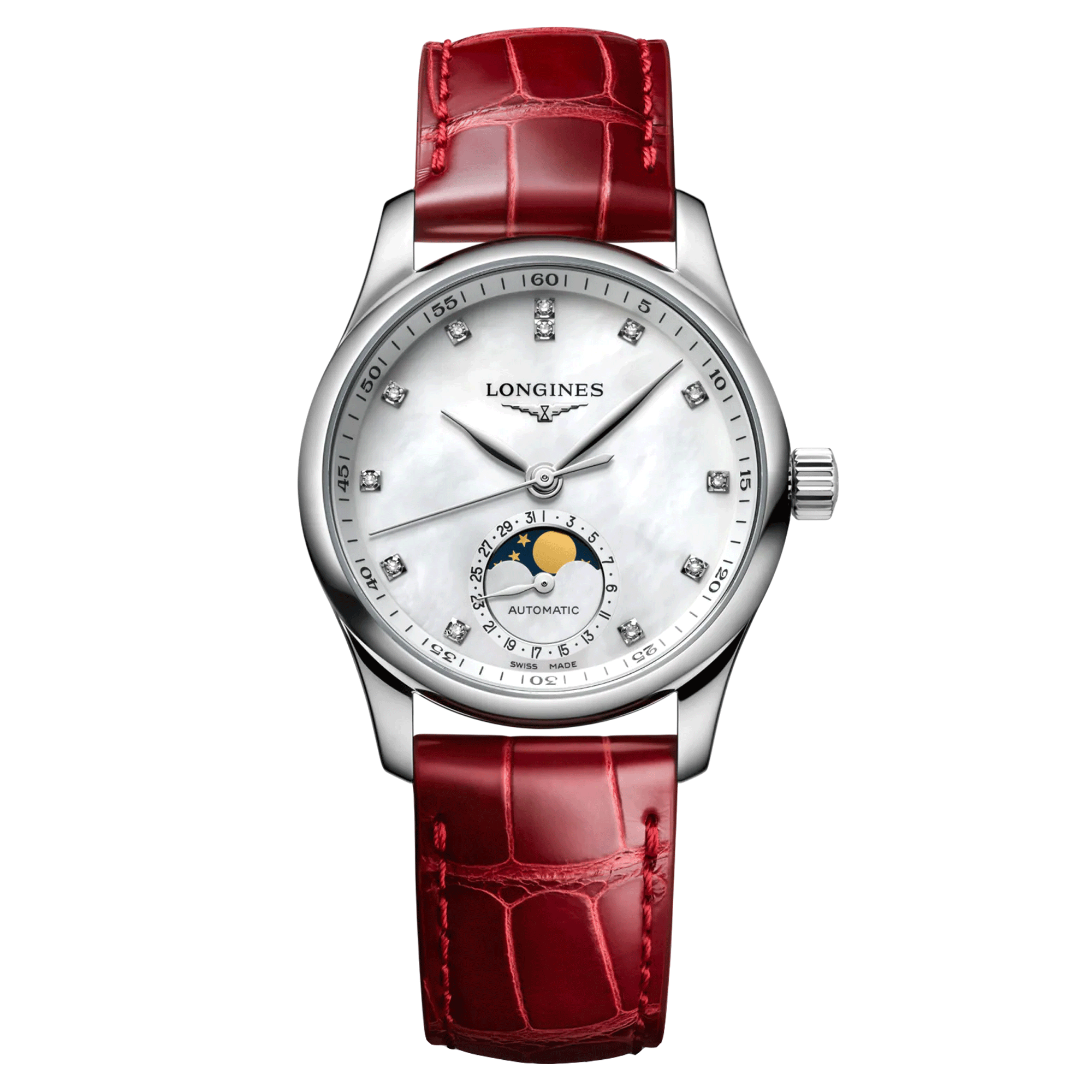 Montre Longines Master Collection automatique cadran nacre blanche bracelet cuir croco rouge 34 mm L2.409.4.87.2