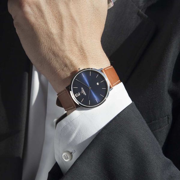 Montre Michel Herbelin City quartz cadran bleu bracelet cuir marron 38,7 mm