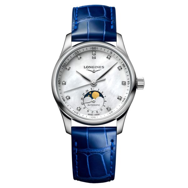 Longines Master Collection automatic watch white mother-of-pearl dial blue crocodile leather strap 34 mm