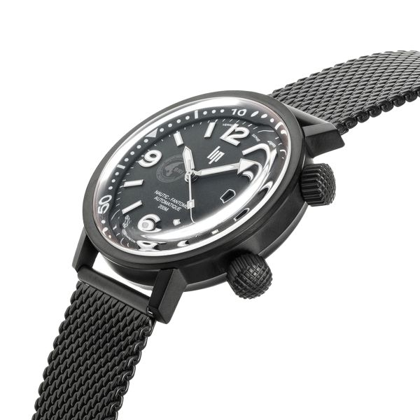 Montre Lip Grande Nautic Ski Fantôme BRI automatique cadran noir bracelet acier milanais 41 mm