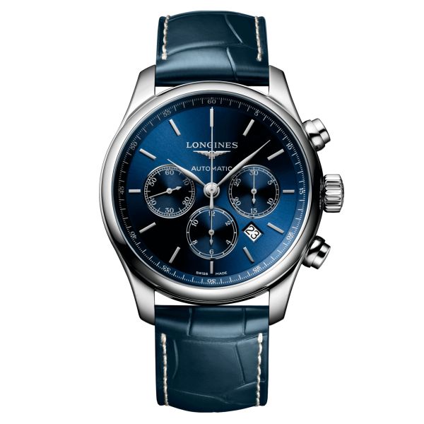 Longines Master Collection automatic chronograph watch blue dial blue alligator strap 44 mm