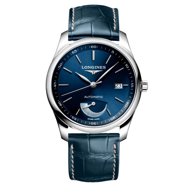 Longines Master Collection automatic power reserve watch blue dial blue alligator strap 40 mm