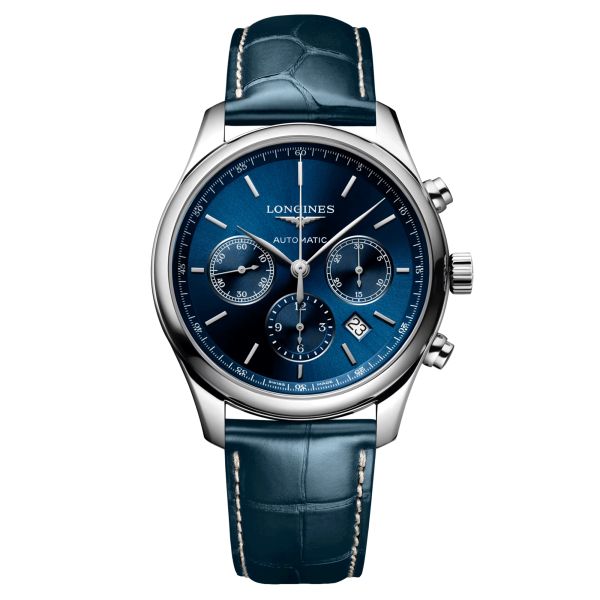 Longines Master Collection automatic chronograph watch blue dial blue alligator strap 42 mm