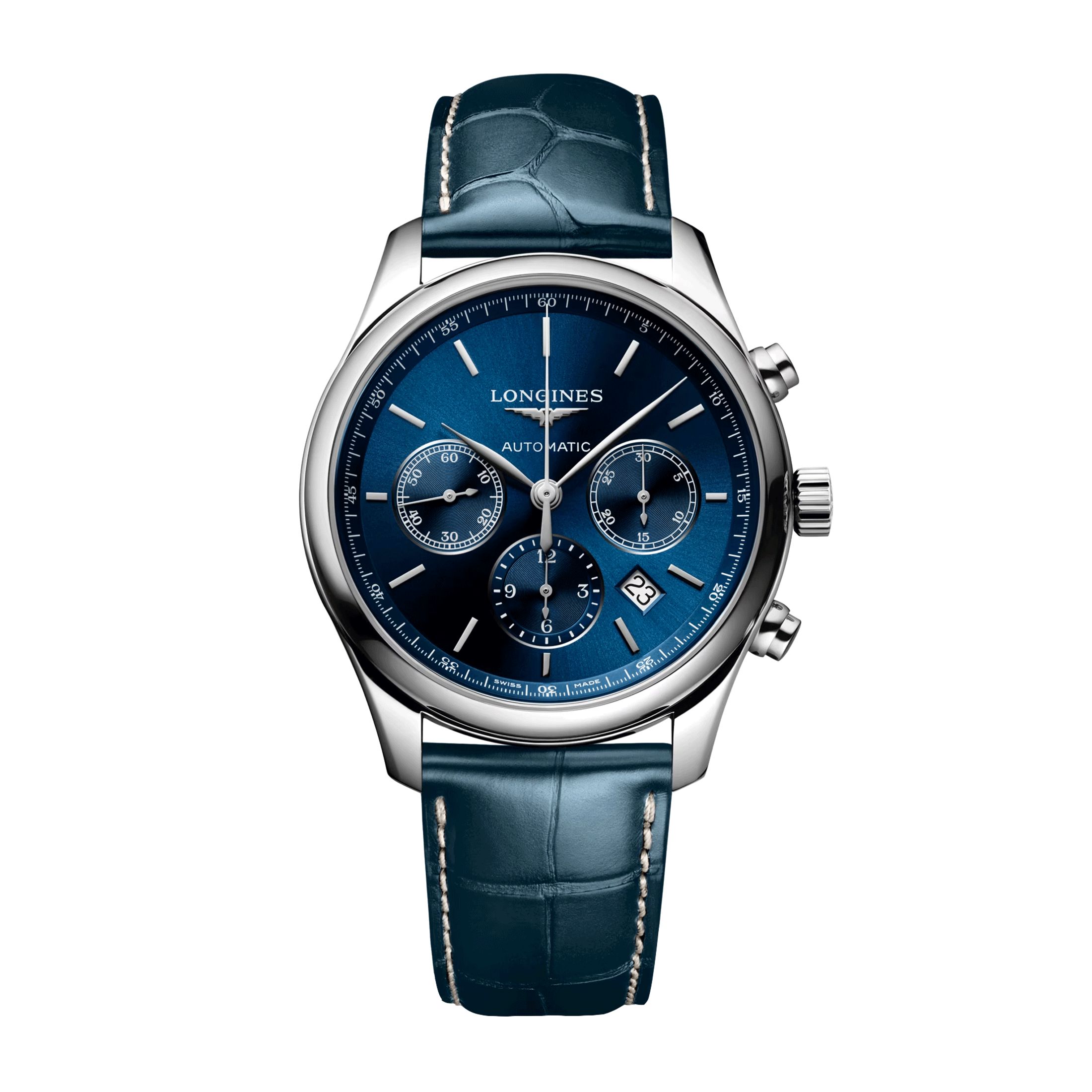 Longines Master Collection auto chrono watch blue dial alligator
