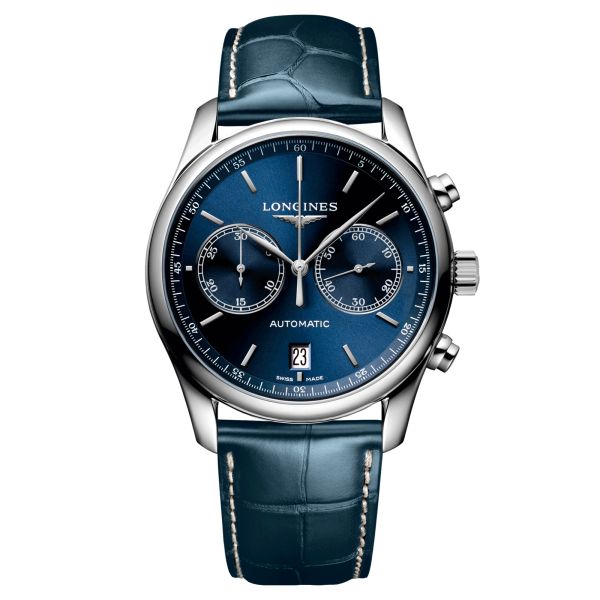 Longines Master Collection automatic chronograph watch blue dial blue leather strap 40 mm