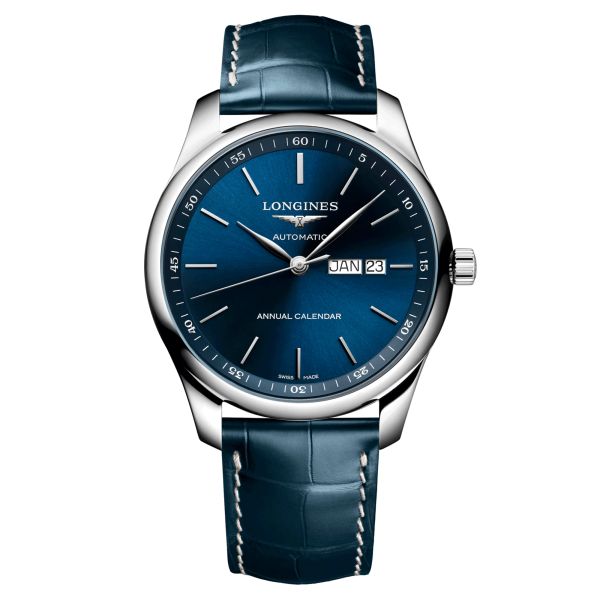 Montre Longines Master Collection Annual Calendar automatique cadran bleu bracelet cuir bleu 42 mm