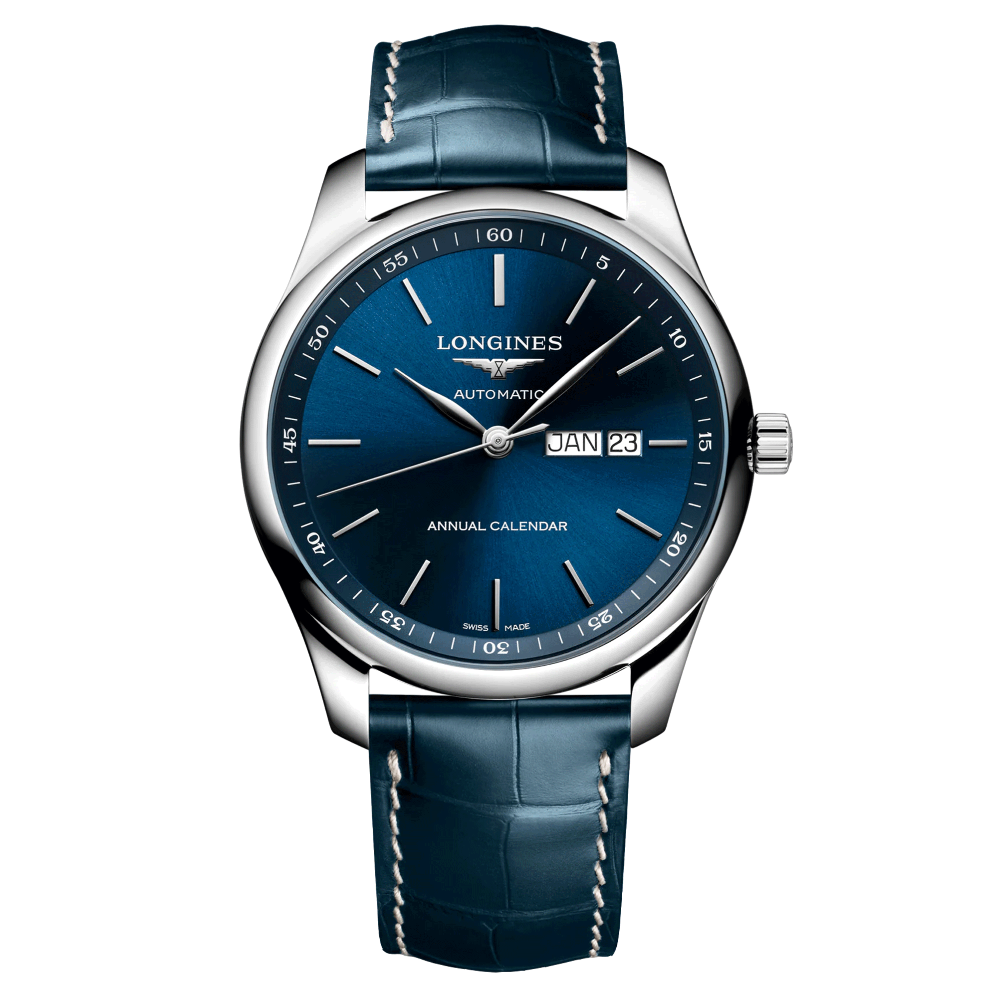 Montre Longines Master Collection Annual Calendar automatique cadran bleu bracelet cuir bleu 42 mm L2.920.4.92.0