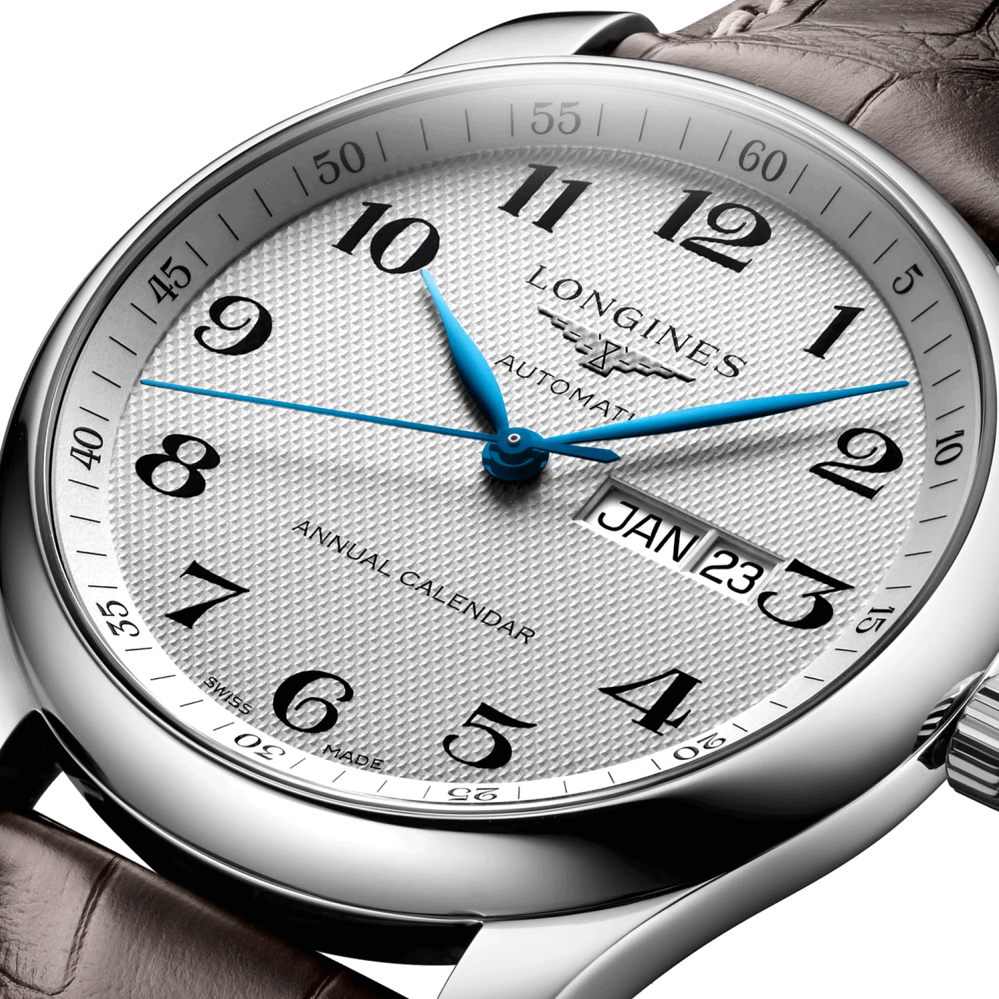 Montre Longines Master Collection Annual Calendar automatique cadran argenté bracelet cuir brun 42 mm L2.920.4.78.3