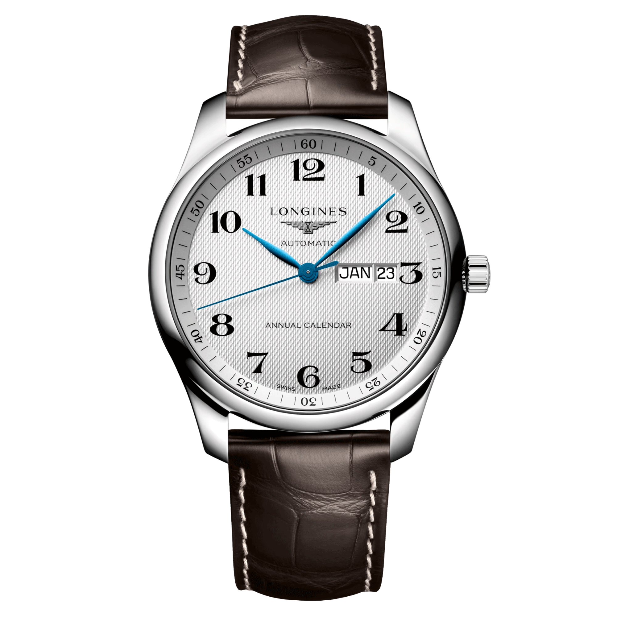 Montre Longines Master Collection Annual Calendar automatique cadran argenté bracelet cuir brun 42 mm L2.920.4.78.3