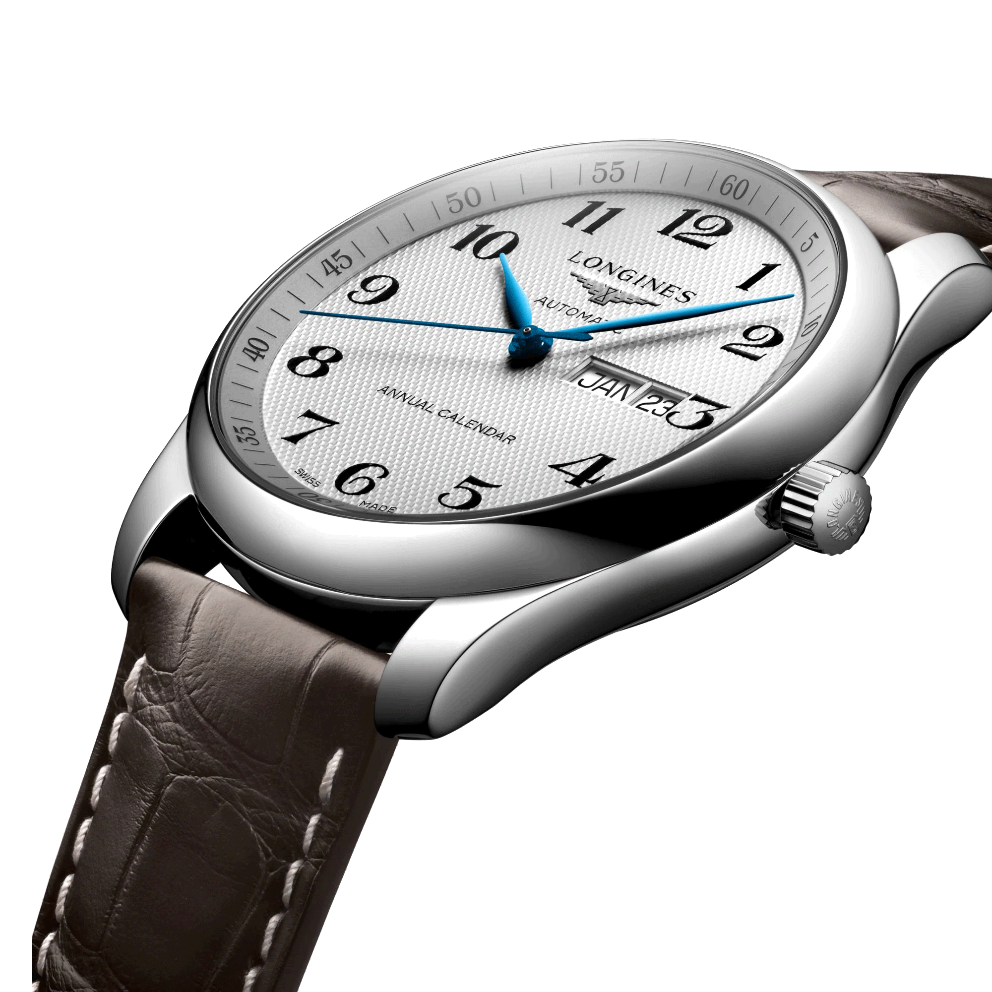 Montre Longines Master Collection Annual Calendar automatique cadran argenté bracelet cuir brun 42 mm L2.920.4.78.3