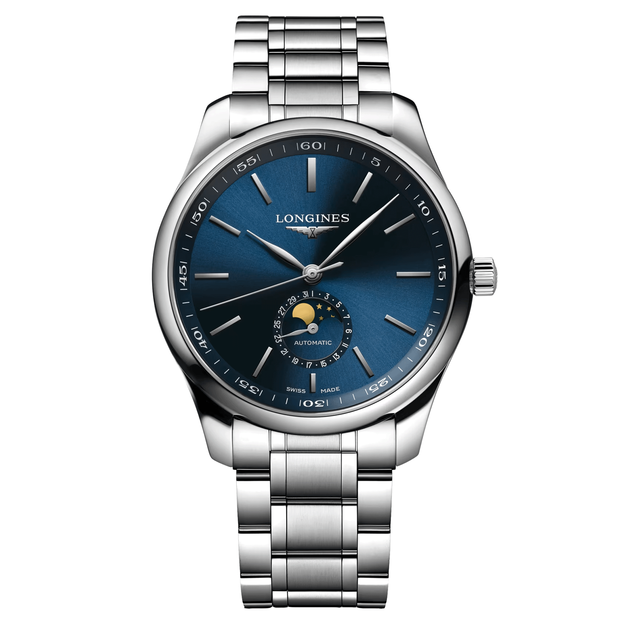 Montre Longines Master Collection automatique cadran bleu phases de lune bracelet acier 42 mm L2.919.4.92.6