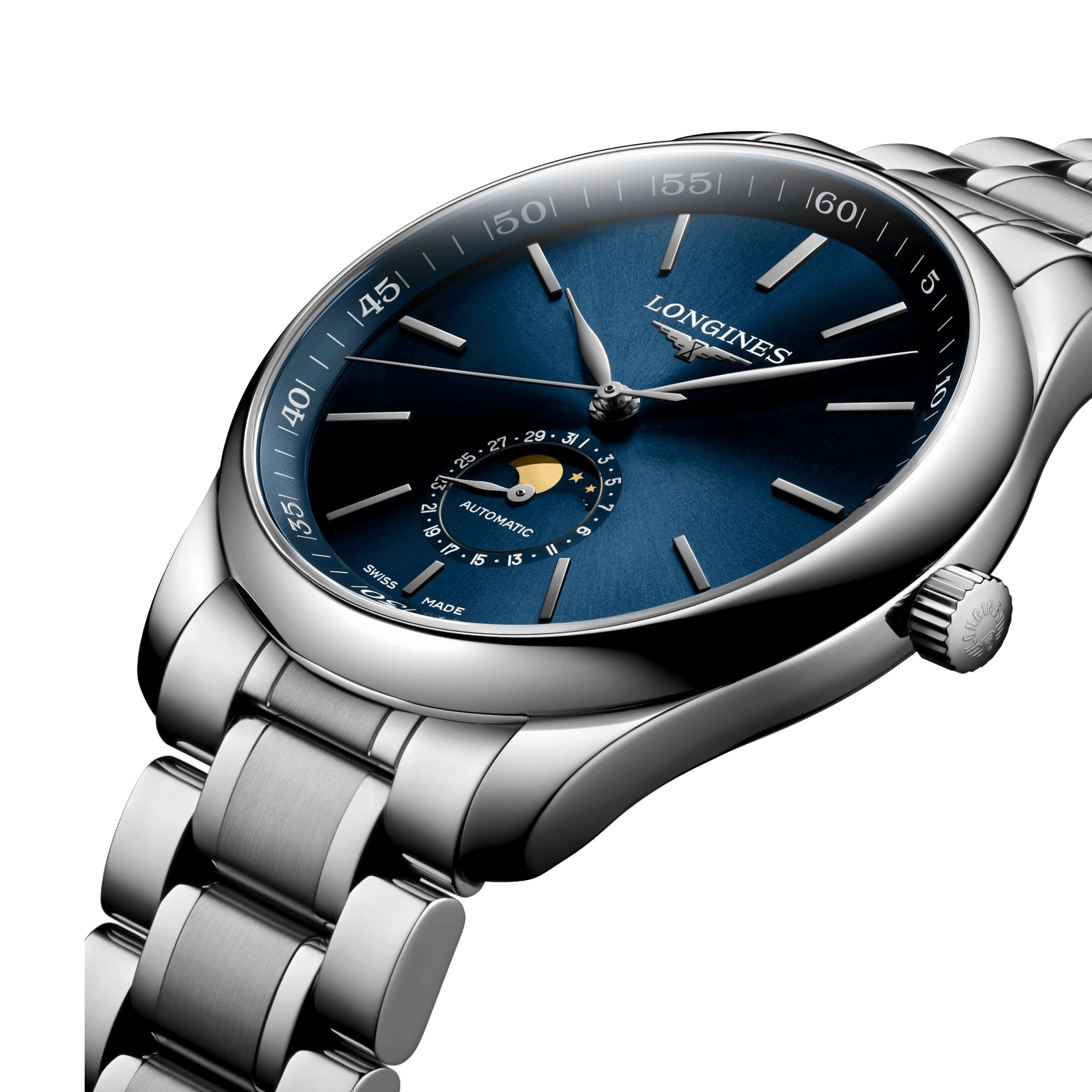 Montre Longines Master Collection automatique cadran bleu phases de lune bracelet acier 42 mm L2.919.4.92.6