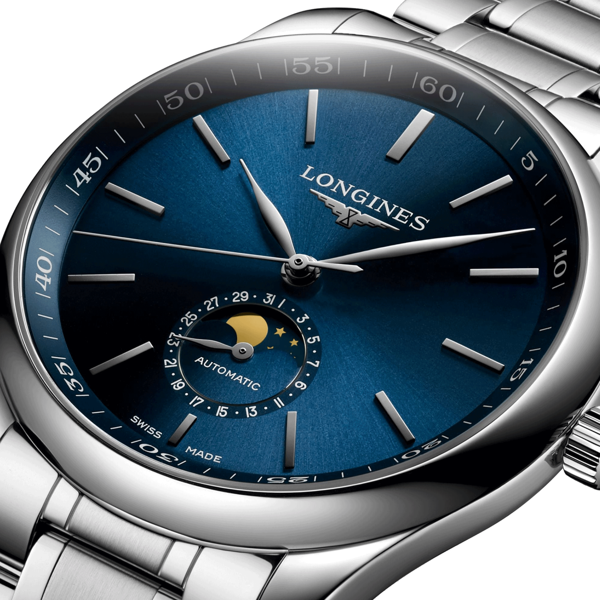 Montre Longines Master Collection automatique cadran bleu phases de lune bracelet acier 42 mm L2.919.4.92.6