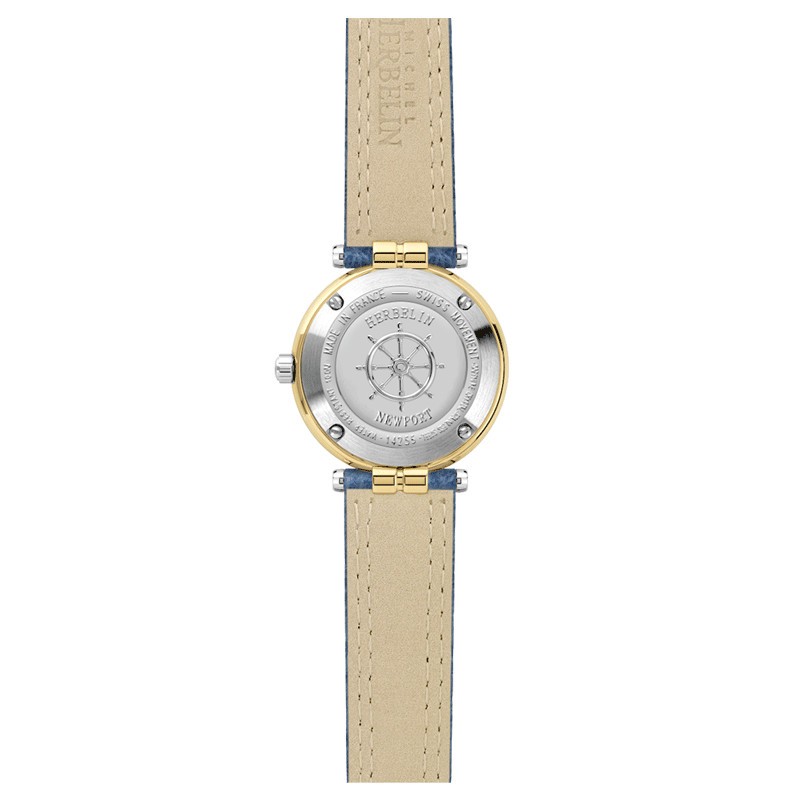 Montre Michel Herbelin Newport quartz acier PVD or jaune cadran bleu bracelet cuir bleu 29 mm
