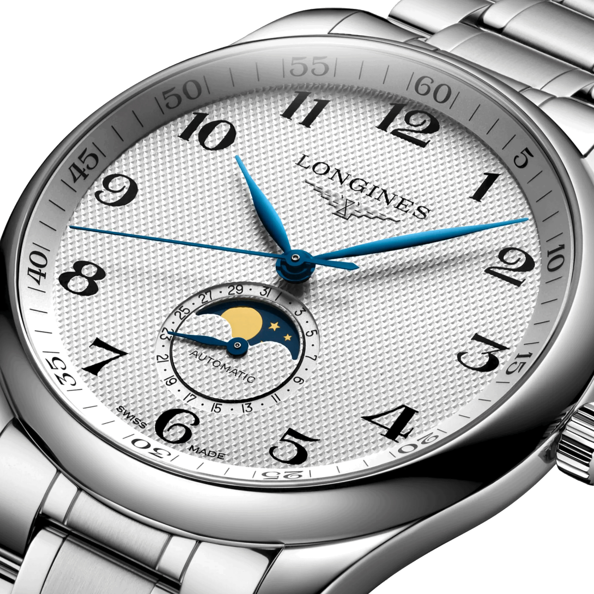 Montre Longines Master Collection automatique cadran argenté phases de lune bracelet acier 42 mm L2.919.4.78.6