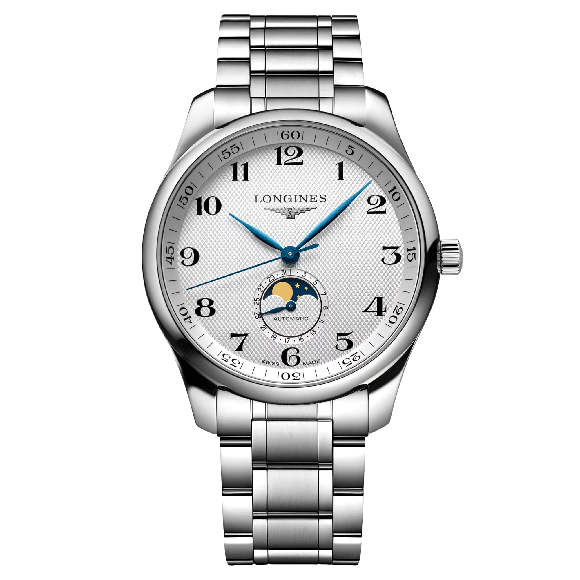 Montre Longines Master Collection automatique cadran argenté phases de lune bracelet acier 42 mm L2.919.4.78.6
