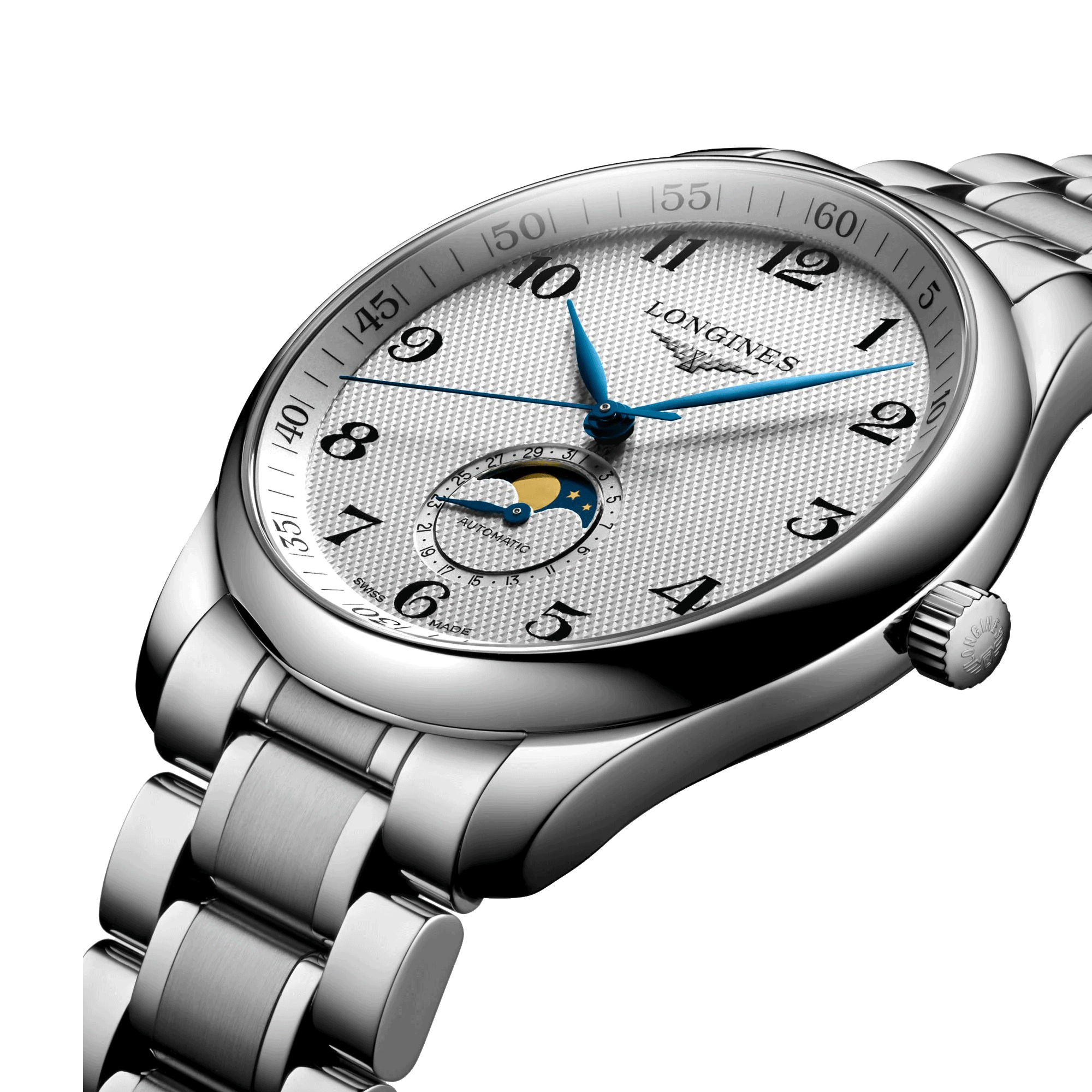 Montre Longines Master Collection automatique cadran argenté phases de lune bracelet acier 42 mm L2.919.4.78.6