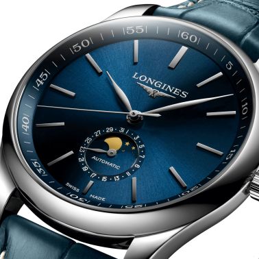 Montre Longines Master Collection automatique cadran bleu phases de lune bracelet cuir bleu 42 mm L2.919.4.92.0