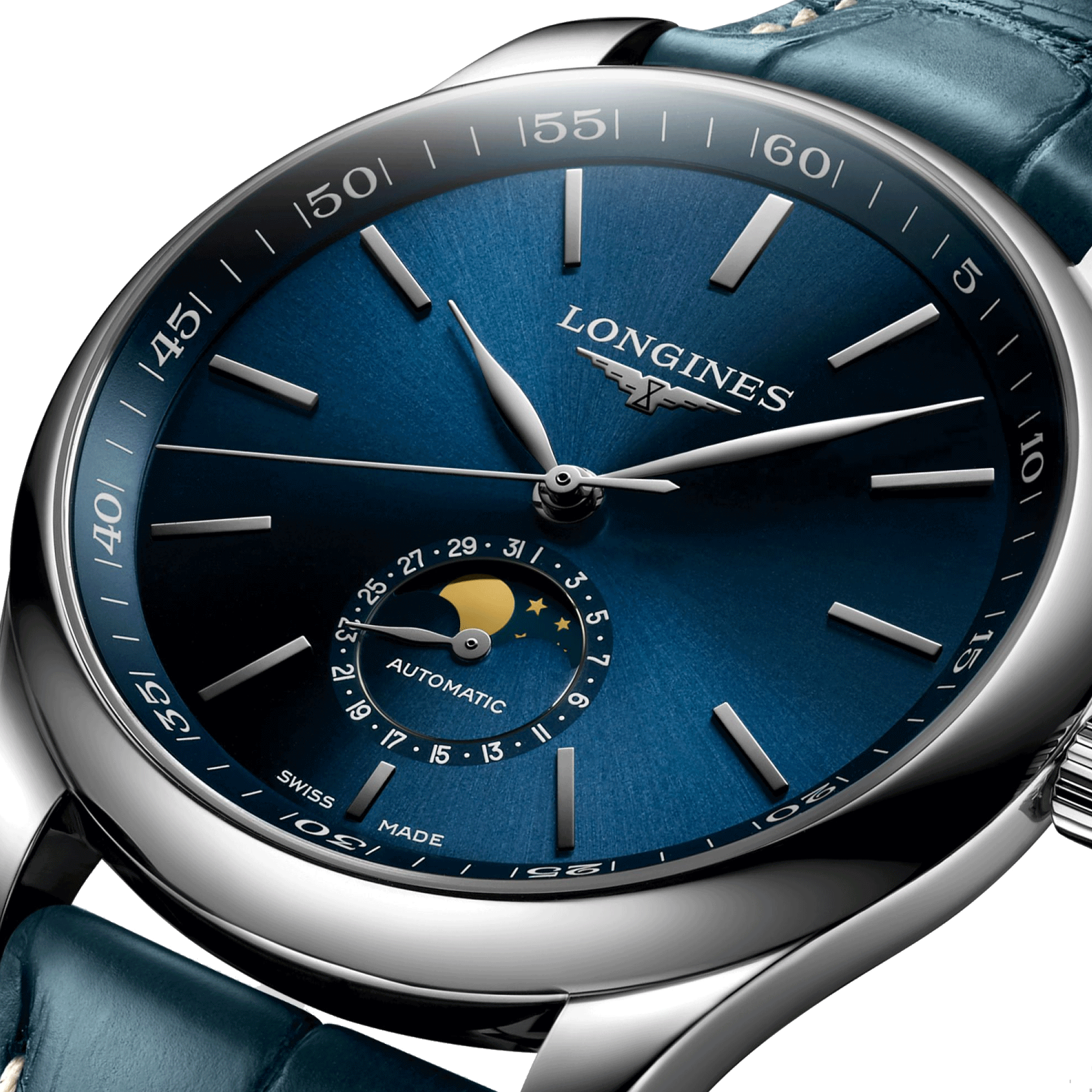 Montre Longines Master Collection automatique cadran bleu phases de lune bracelet cuir bleu 42 mm L2.919.4.92.0