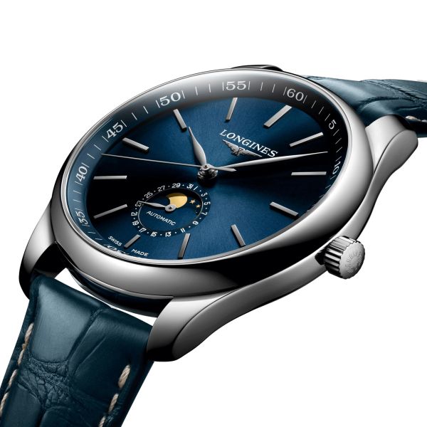 Montre Longines Master Collection automatique cadran bleu phases de lune bracelet cuir bleu 42 mm L2.919.4.92.0